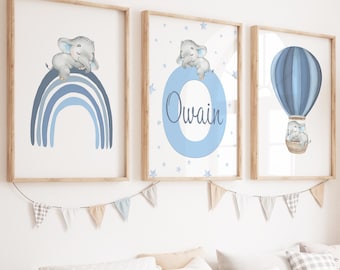 Elephant Nursery Prints: Blue Rainbow, Hot Air Balloon, Personalised Name - Set of 3