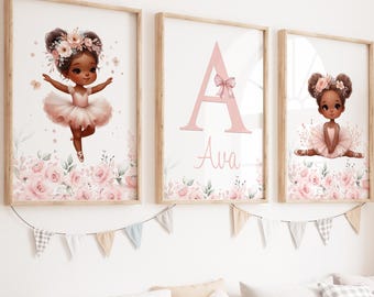 Personalised Black Ballerina Nursery Prints: Set of 3 Ballet Wall Art