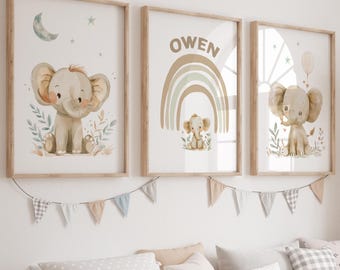 Elephant Nursery Prints Set: Personalised Boho Kids Room Decor