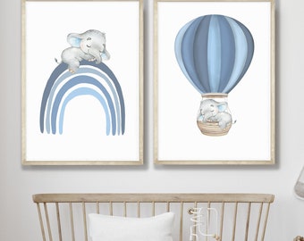 Elephant Nursery Prints: Blue Rainbow & Hot Air Balloon, Set of 2