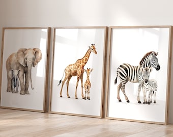 Safari Animal Nursery Prints: Jungle Animals Wall Art, Set of 3
