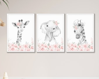 Girl Safari Nursery Print Set: Pink Floral Animal Art