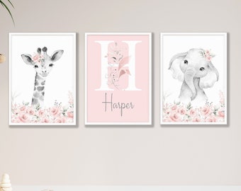 Personalised Girl Nursery Prints: Safari Animals, Pink Floral Decor