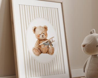 Vintage Teddy Bear Nursery Print: Beige Stripes, Baby Boy Decor