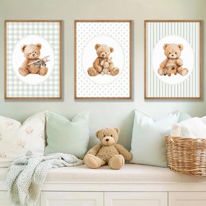 May include: Three framed prints with watercolour teddy bears. Each bear is in a white circle against a different background: green and white gingham, white polka dots, and green stripes. The bears hold a toy aeroplane, a small bear, and a toy car.