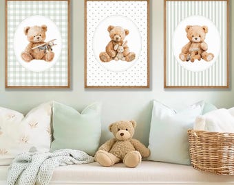 Vintage Teddy Bear Prints: Sage Green Nursery Wall Decor, Set of 3
