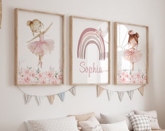 Personalised Pink Ballerina Nursery Prints: Rainbow Ballet Wall Art Set of 3