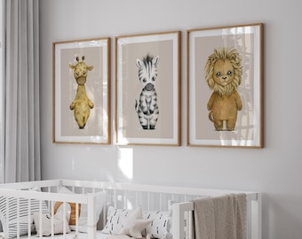 Safari Nursery Animal Prints Set: Watercolor Zebra, Lion, Giraffe