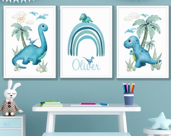 Personalised Dinosaur Prints: Blue Nursery Wall Art, Set of 3