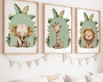 Safari Animal Nursery Prints Set of 3: Sage Green Boys Room Wall Art