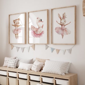 Ballerina Nursery Wall Art Set Of 3 With Bunny, Swan And Teddy In Pink Tutus For Girls Room, Ballet Prints for Little Girl, Ballerina Animal