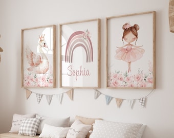 Personalized Ballet Nursery Prints: Swan, Rainbow, Ballerina Art (Set of 3)