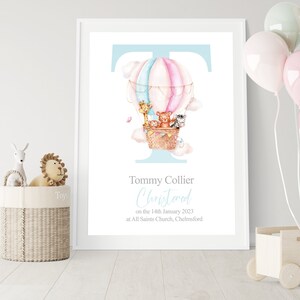 Personalized Baptism Print: Baby Boy Christening Gift, Watercolor Hot Air Balloon