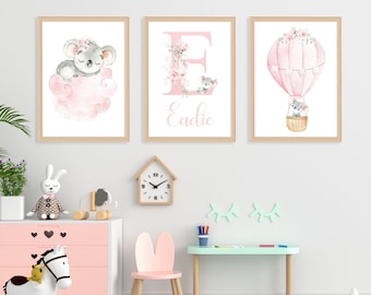 Personalised Koala Nursery Prints: Pink Baby Girl Decor (Set of 3)