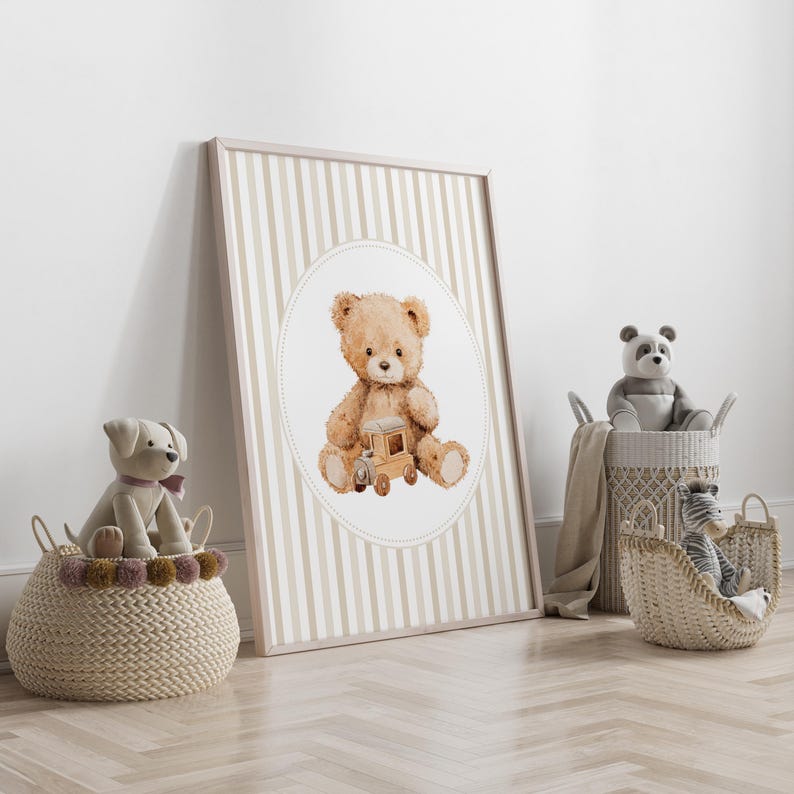 May include: A framed print featuring a watercolor illustration of a teddy bear holding a wooden train. The print has a beige and white striped background. Woven baskets with stuffed animals, including a dog, panda, and zebra, are in the foreground.