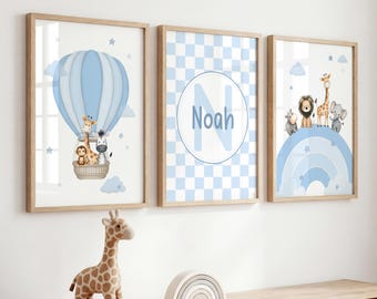 Safari Nursery Wall Art Set of 3, Blue Baby Boy Nursery Decor, Safari Animals Rainbow Prints, Checkerboard Name Initial Jungle Nursery