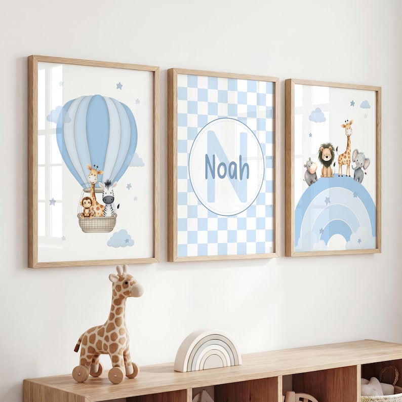 Blue safari nursery wall art set of three prints with animals rainbow checkerboard name design for baby boy nursery