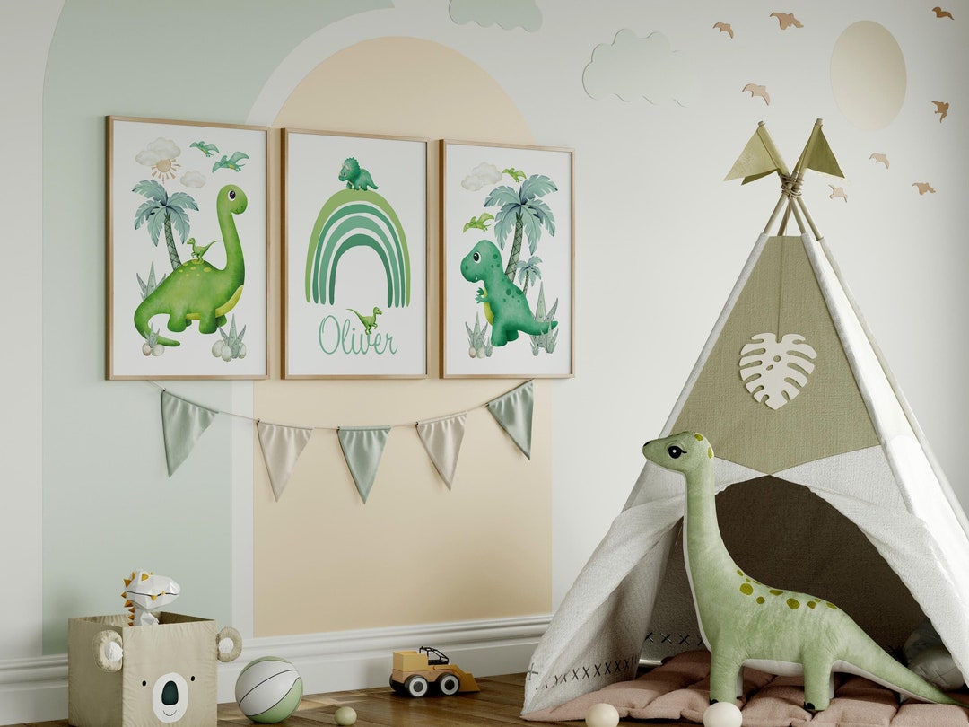Dinosaur Nursery Prints: Personalised Green Dino Wall Art Set - Etsy