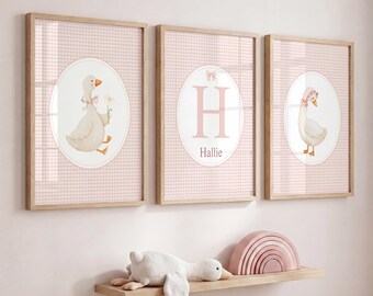 Personalised Goose Nursery Wall Art Set of 3, Pink Gingham Baby Girl Room Decor, Custom Name Monogram Prints, Coquette Nursery