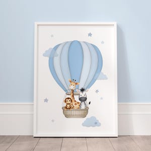 Safari animals hot air balloon nursery art with giraffe zebra and monkey in soft blue nursery theme