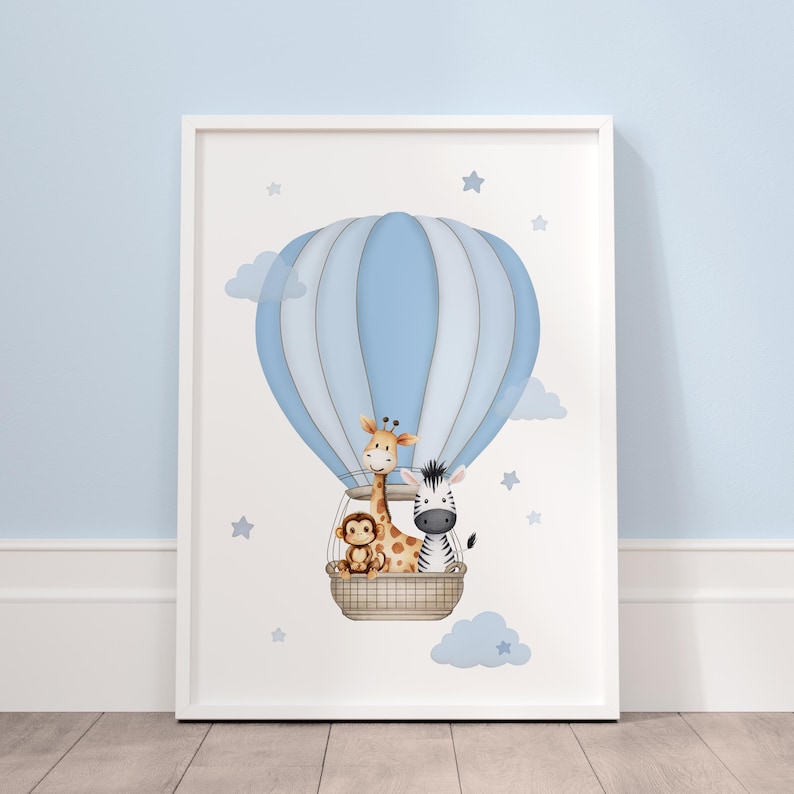 Safari animals hot air balloon nursery art with giraffe zebra and monkey in soft blue nursery theme