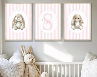 Set 3 Bunny Nursery Prints, Vintage Baby Girl Room Decor, Custom Name Wall Art