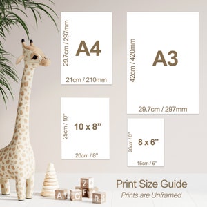May include: Print size guide for unframed prints in various sizes, including 8x6 inches, 10x8 inches, A4, and A3. The guide is displayed on a light beige wall with a stuffed giraffe toy and wooden blocks in the foreground.