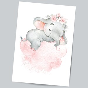 May include: A watercolor illustration of a gray elephant with pink polka dots sleeping on a pink cloud with a floral crown on its head.