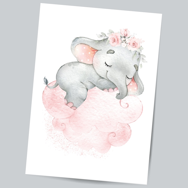 May include: A watercolor illustration of a gray elephant with pink polka dots sleeping on a pink cloud with a floral crown on its head.