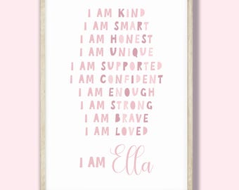 Personalised Girls Affirmation Print: Pink Nursery Decor, Positive Wall Art