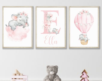 Personalized Elephant Nursery Print Set: Pink Floral Wall Art