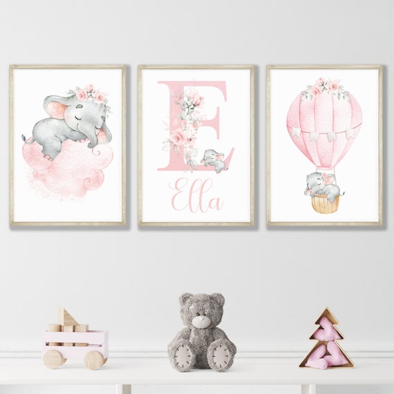 Personalized Elephant Nursery Print Set: Pink Floral Wall Art