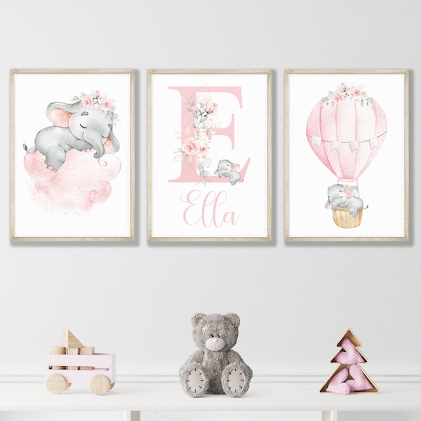 Personalised Pink Nursery Print Set of 3, Elephant Nursery Wall Art, Personalised Girl Nursery Print, Elephant Nursery Pictures