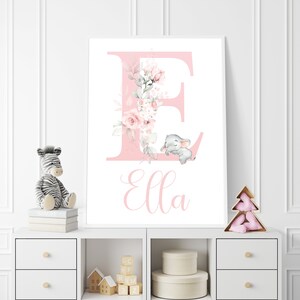 Personalized Elephant Nursery Print Set: Pink Floral Wall Art image 9