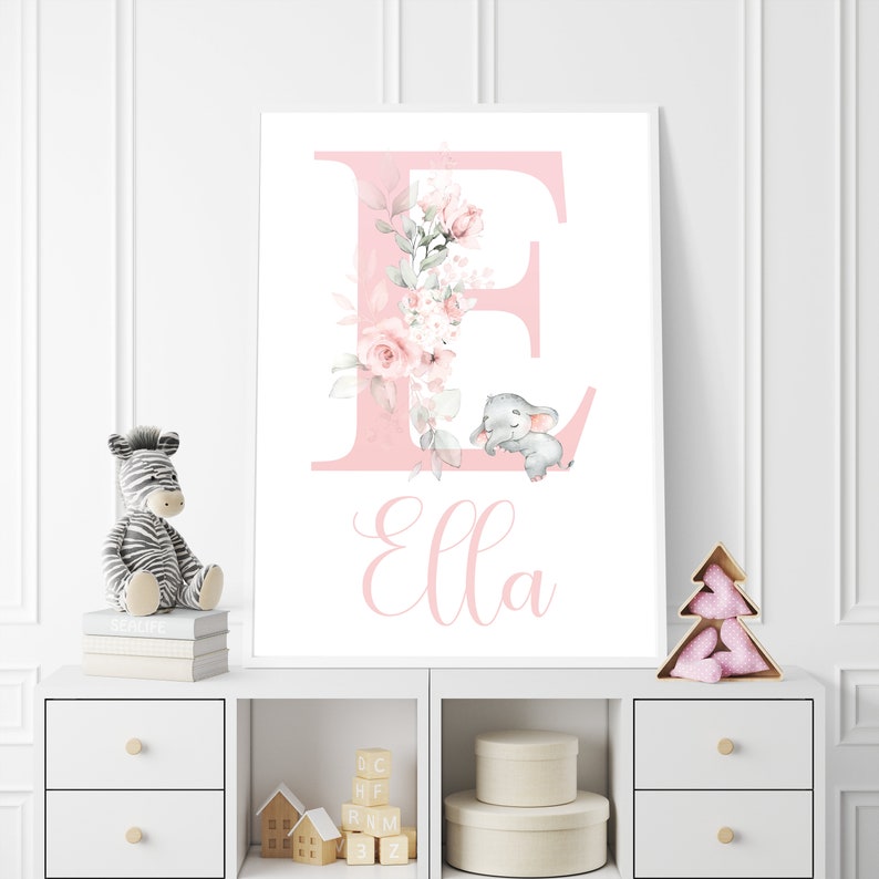 Personalized Elephant Nursery Print Set: Pink Floral Wall Art image 9