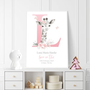 Personalized Baby Girl Giraffe Print: Birth Details Keepsake