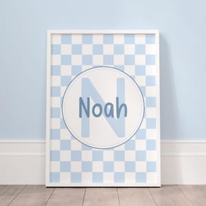 Personalised checkerboard nursery print with blue initial and baby name for safari themed nursery decor