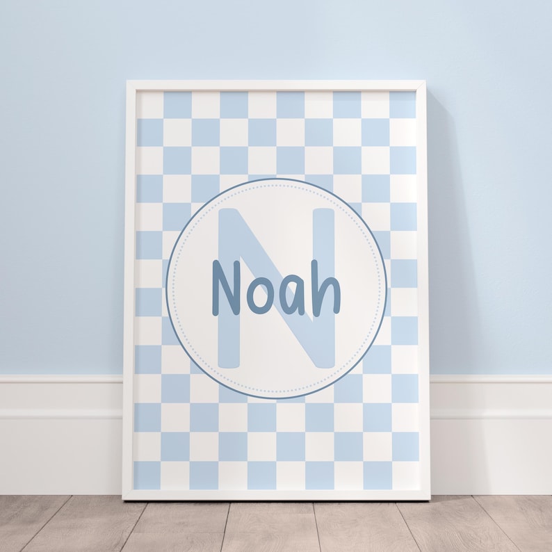 Personalised checkerboard nursery print with blue initial and baby name for safari themed nursery decor