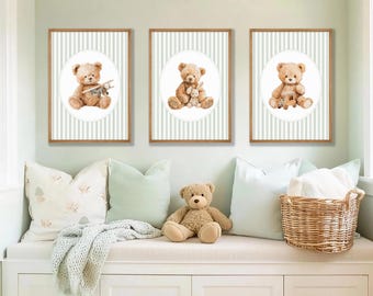 Vintage Teddy Bear Prints: Sage Green Nursery Wall Art, Set of 3
