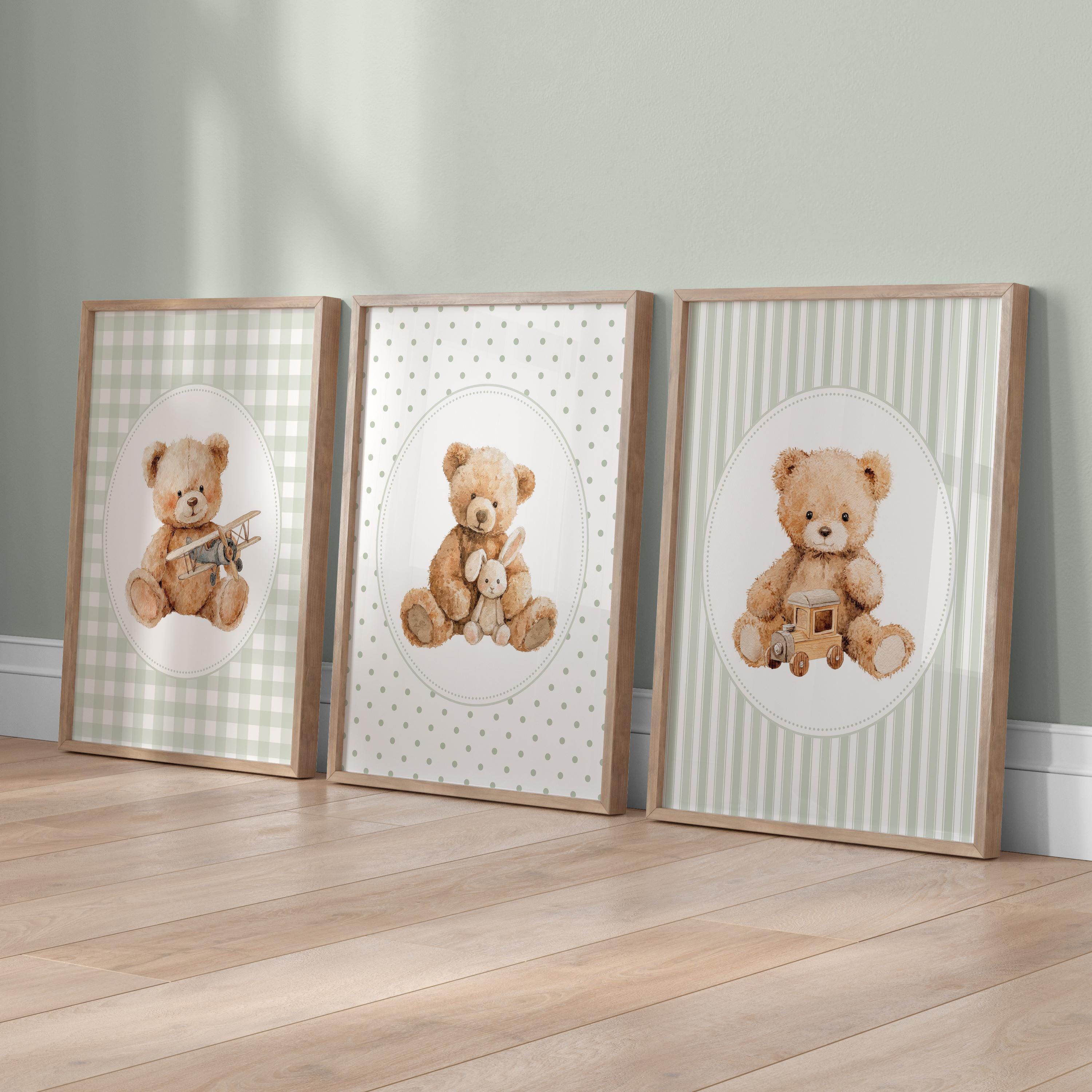 Vintage Teddy Bear Prints: Sage Green Nursery Wall Decor, Set of 3