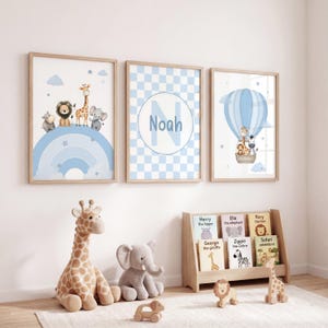 Blue safari nursery wall art set of 3 with jungle animals rainbow print and checkerboard personalised name design for baby boy nursery decor