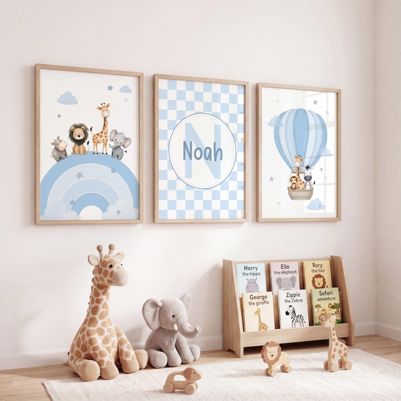 Blue safari nursery wall art set of 3 with jungle animals rainbow print and checkerboard personalised name design for baby boy nursery decor