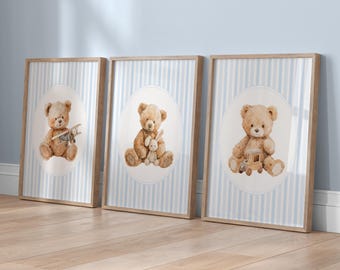 Vintage Teddy Bear Nursery Prints: Baby Boy Blue Wall Art (Digital Download)
