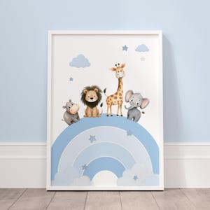 Safari animals rainbow nursery print with giraffe lion elephant and hippo for baby boy nursery wall decor