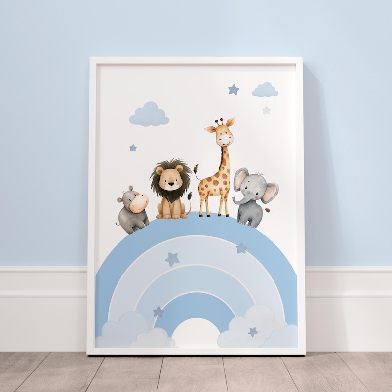 Safari animals rainbow nursery print with giraffe lion elephant and hippo for baby boy nursery wall decor