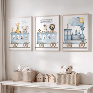 Safari Train Nursery Wall Art Print Set of 3 Personalised