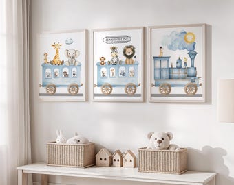 Safari Train Nursery Wall Art Print Set of 3 Personalised