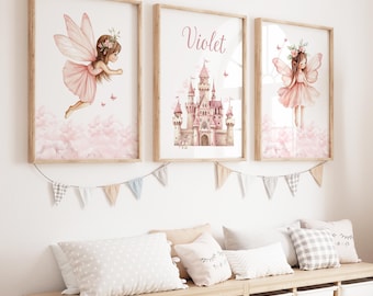 Personalized Princess Wall Art Set: Fairy Castle Nursery Decor