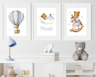 Teddy Bear Nursery Prints Set: Personalised Baby Boy Wall Art