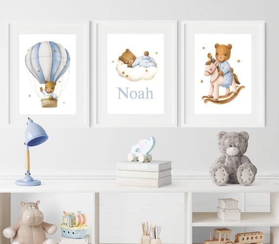 Teddy Bear Nursery Prints Set: Personalised Baby Boy Wall Art